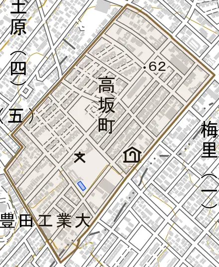 高坂町とその周辺の地図。町の範囲を重ねている