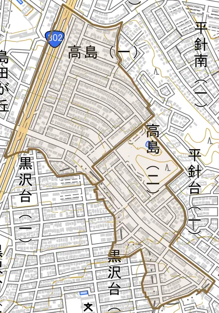 高島とその周辺の地図。町の範囲を重ねている
