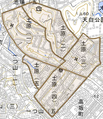 土原とその周辺の地図。町の範囲を重ねている