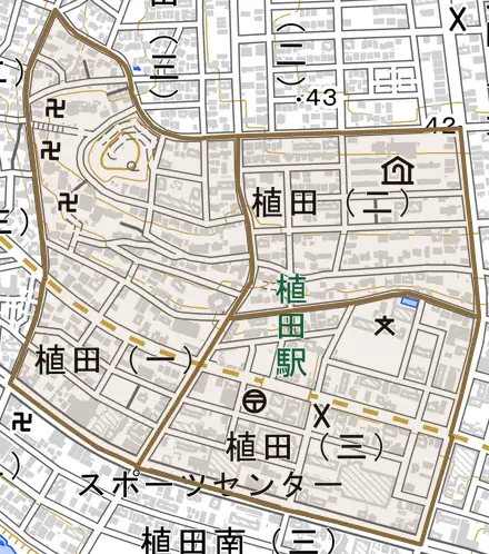 植田とその周辺の地図。町の範囲を重ねている