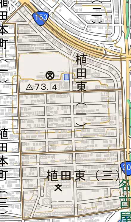 植田東とその周辺の地図。町の範囲を重ねている