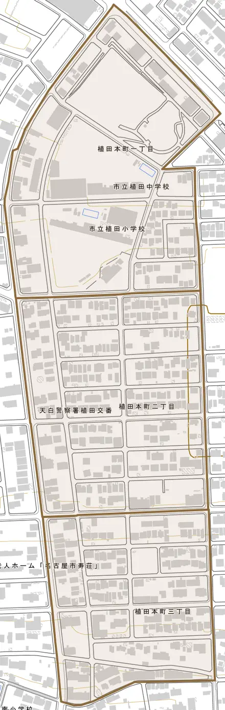 植田本町とその周辺の地図。町の範囲を重ねている