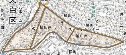 植田南とその周辺の地図。町の範囲を重ねている