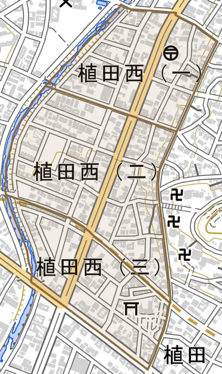 植田西とその周辺の地図。町の範囲を重ねている