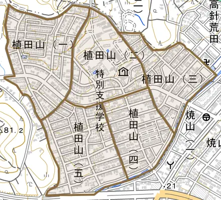 植田山とその周辺の地図。町の範囲を重ねている