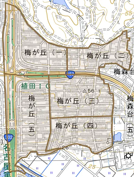 梅が丘とその周辺の地図。町の範囲を重ねている