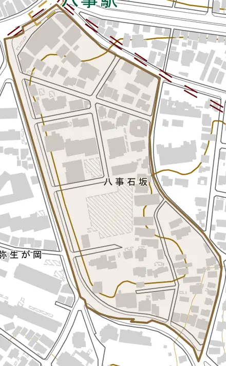 八事石坂とその周辺の地図。町の範囲を重ねている