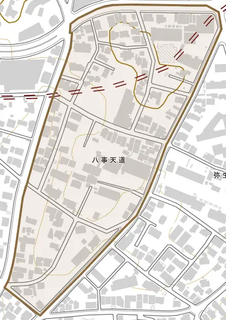 八事天道とその周辺の地図。町の範囲を重ねている