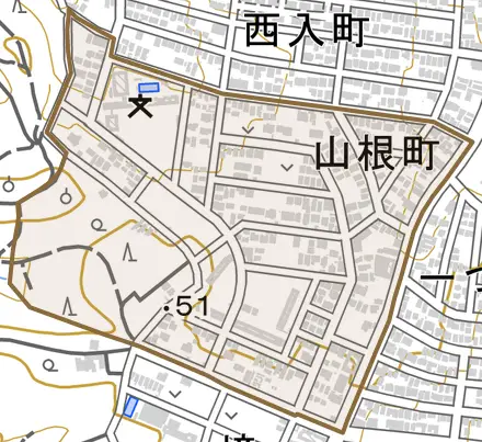 山根町とその周辺の地図。町の範囲を重ねている