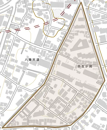 弥生が岡とその周辺の地図。町の範囲を重ねている