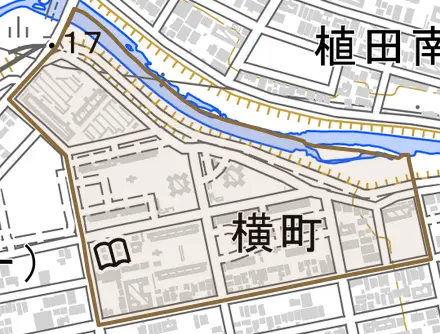 横町とその周辺の地図。町の範囲を重ねている
