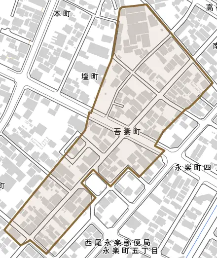 吾妻町とその周辺の地図。町の範囲を重ねている