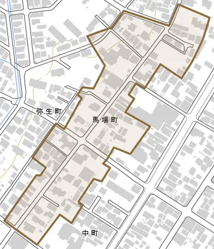 馬場町とその周辺の地図。町の範囲を重ねている
