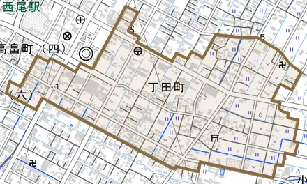 丁田町とその周辺の地図。町の範囲を重ねている