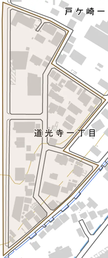 道光寺とその周辺の地図。町の範囲を重ねている