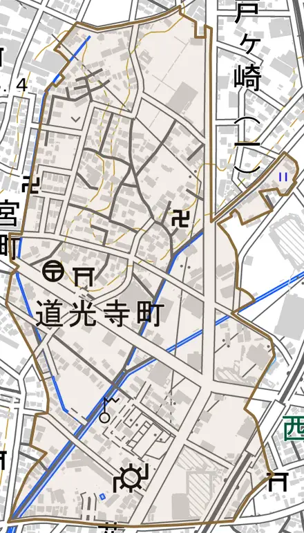 道光寺町とその周辺の地図。町の範囲を重ねている