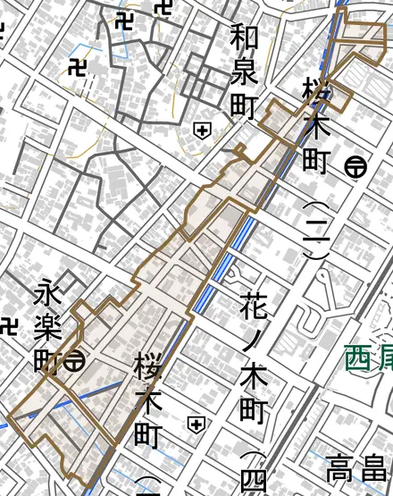 永楽町とその周辺の地図。町の範囲を重ねている