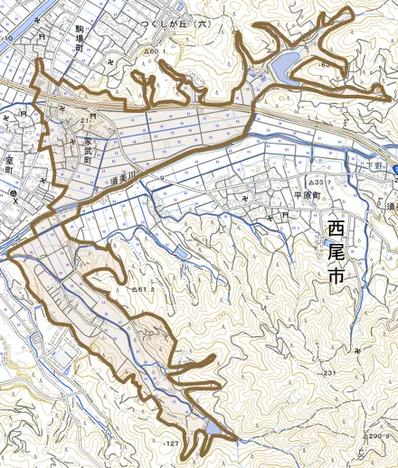家武町とその周辺の地図。町の範囲を重ねている