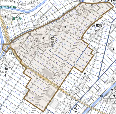 江原町とその周辺の地図。町の範囲を重ねている
