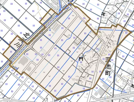 深池町とその周辺の地図。町の範囲を重ねている