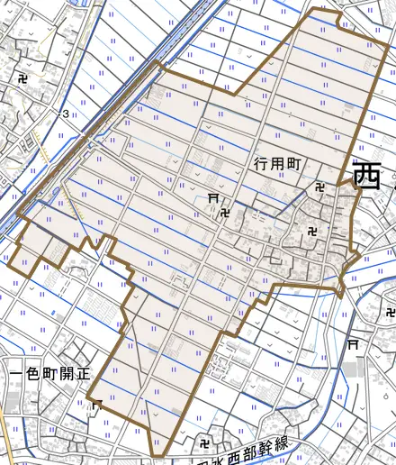 行用町とその周辺の地図。町の範囲を重ねている