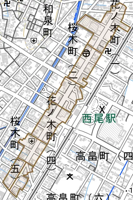 花ノ木町とその周辺の地図。町の範囲を重ねている