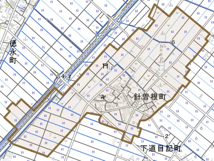 針曽根町とその周辺の地図。町の範囲を重ねている