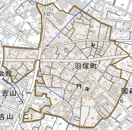 羽塚町とその周辺の地図。町の範囲を重ねている
