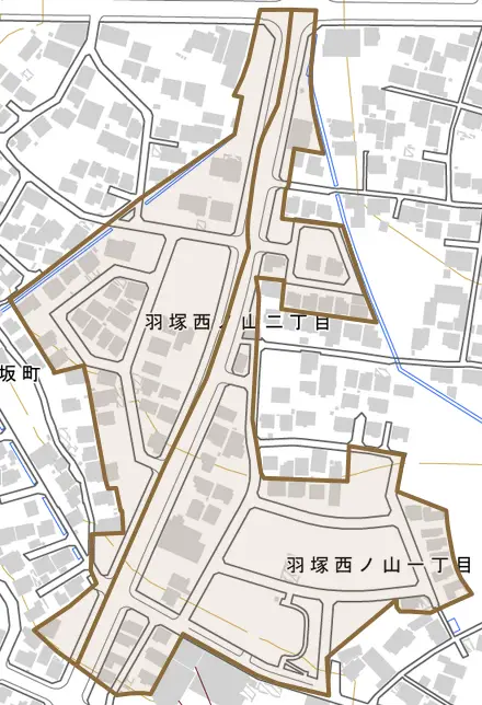 羽塚西ノ山とその周辺の地図。町の範囲を重ねている