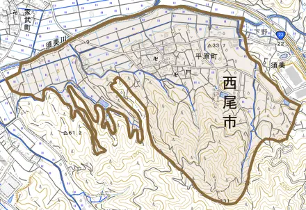 平原町とその周辺の地図。町の範囲を重ねている
