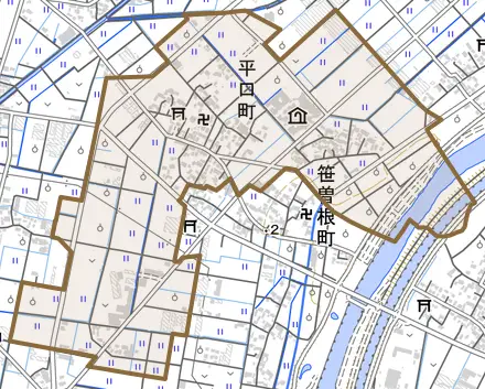 平口町とその周辺の地図。町の範囲を重ねている