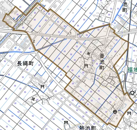 菱池町とその周辺の地図。町の範囲を重ねている