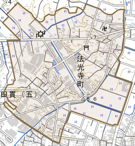 法光寺町とその周辺の地図。町の範囲を重ねている