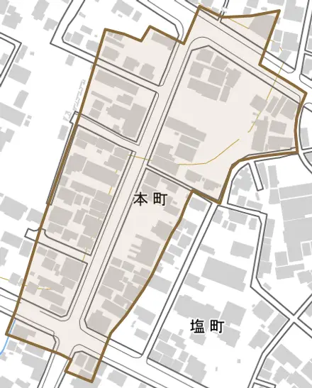 本町とその周辺の地図。町の範囲を重ねている