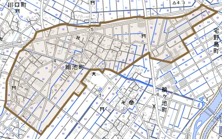 細池町とその周辺の地図。町の範囲を重ねている