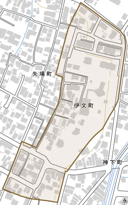 伊文町とその周辺の地図。町の範囲を重ねている