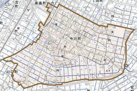 今川町とその周辺の地図。町の範囲を重ねている