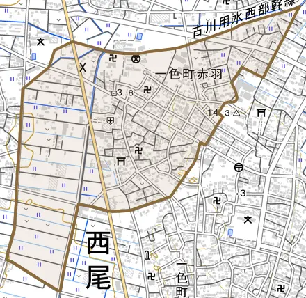 一色町赤羽とその周辺の地図。町の範囲を重ねている