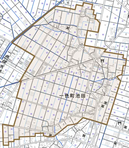 一色町池田とその周辺の地図。町の範囲を重ねている