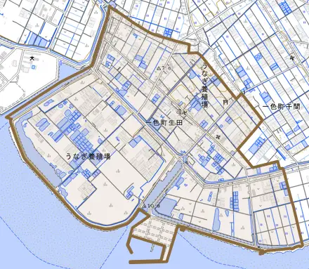 一色町生田とその周辺の地図。町の範囲を重ねている