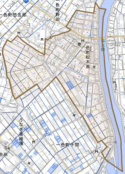 一色町松木島とその周辺の地図。町の範囲を重ねている