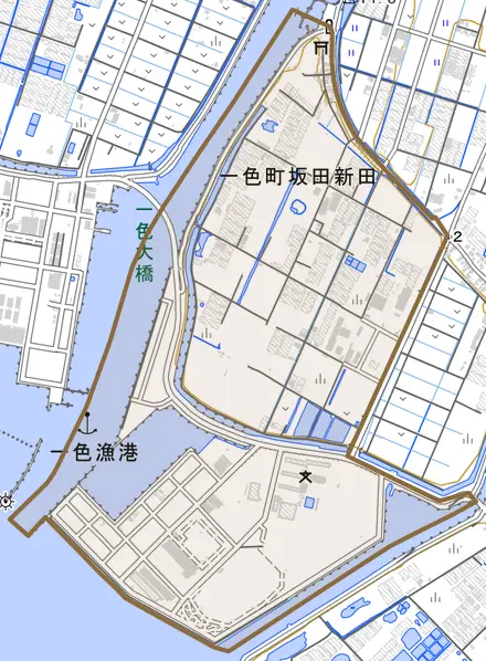 一色町坂田新田とその周辺の地図。町の範囲を重ねている