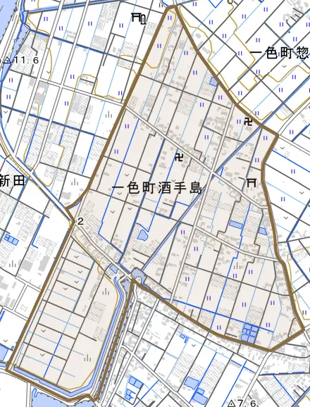一色町酒手島とその周辺の地図。町の範囲を重ねている