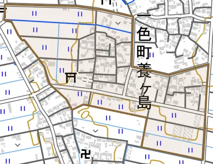 一色町養ケ島とその周辺の地図。町の範囲を重ねている