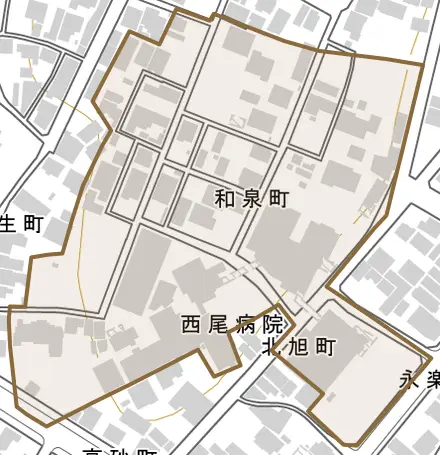 和泉町とその周辺の地図。町の範囲を重ねている
