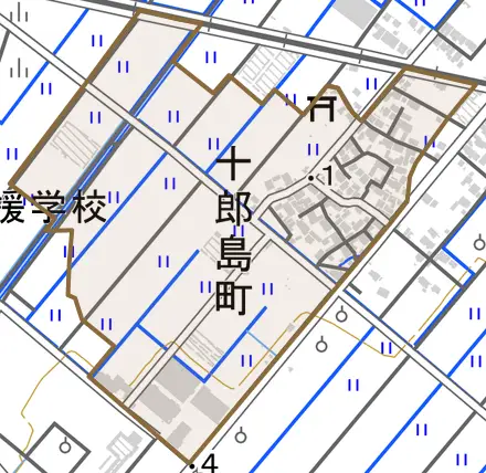 十郎島町とその周辺の地図。町の範囲を重ねている