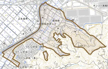 貝吹町とその周辺の地図。町の範囲を重ねている