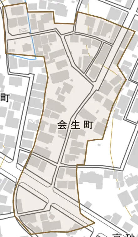 会生町とその周辺の地図。町の範囲を重ねている