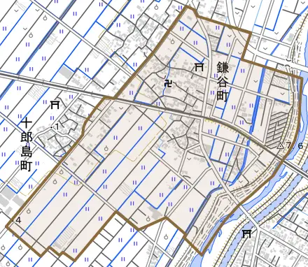 鎌谷町とその周辺の地図。町の範囲を重ねている