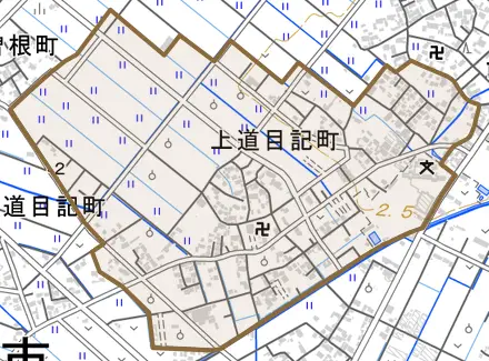 上道目記町とその周辺の地図。町の範囲を重ねている